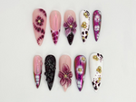 Elegant Purple Floral Press On Nails | Long Stiletto Floral Nail Design | Purple & Gold Nail Art | Gold Floral Press On Nail Set | JB682H