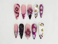 Elegant Purple Floral Press On Nails | Long Stiletto Floral Nail Design | Purple & Gold Nail Art | Gold Floral Press On Nail Set | JB682H