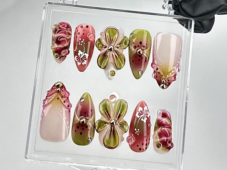 Artistic Floral Press On Nails | Green Floral, Pink Rose Nail Design | 3D Flower & Gradient Fake Nails | Spring Blossom Nails | HB697YC