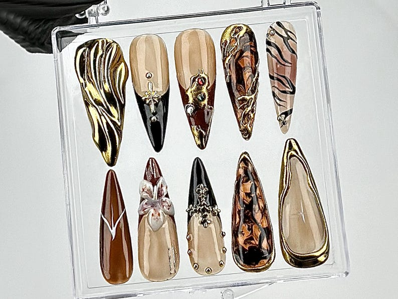 Black & Gold Marble Press On Nails | Leopard Print, Brown Fake Nails | Nature-Inspired Designs Nail Art | Edgy Gothic Nails | HB694YK