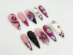 Elegant Purple Floral Press On Nails | Long Stiletto Floral Nail Design | Purple & Gold Nail Art | Gold Floral Press On Nail Set | JB682H