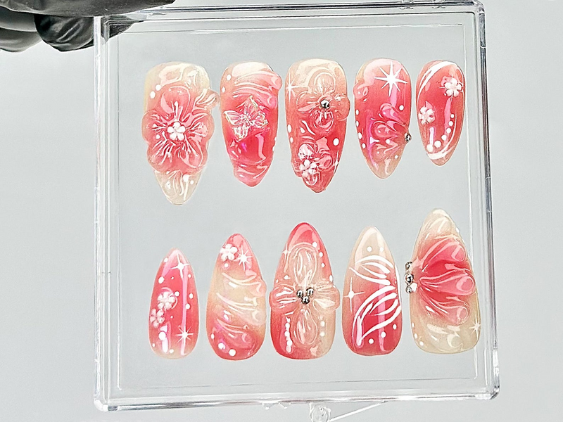 Blossom Spring Press On Nails By DoryNails |Sakura Pink Spring Fake Nails |Romantic Floral Acrylic Nails | Spring Inspired Nail Art |HB813YT
