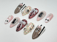 Creepy Cute Teddy Press On Nails | 3D Bear & Bow Nails | Gothic Pastel Floral Nail Art | Soft Horror Pink Press Ons | JB907HC