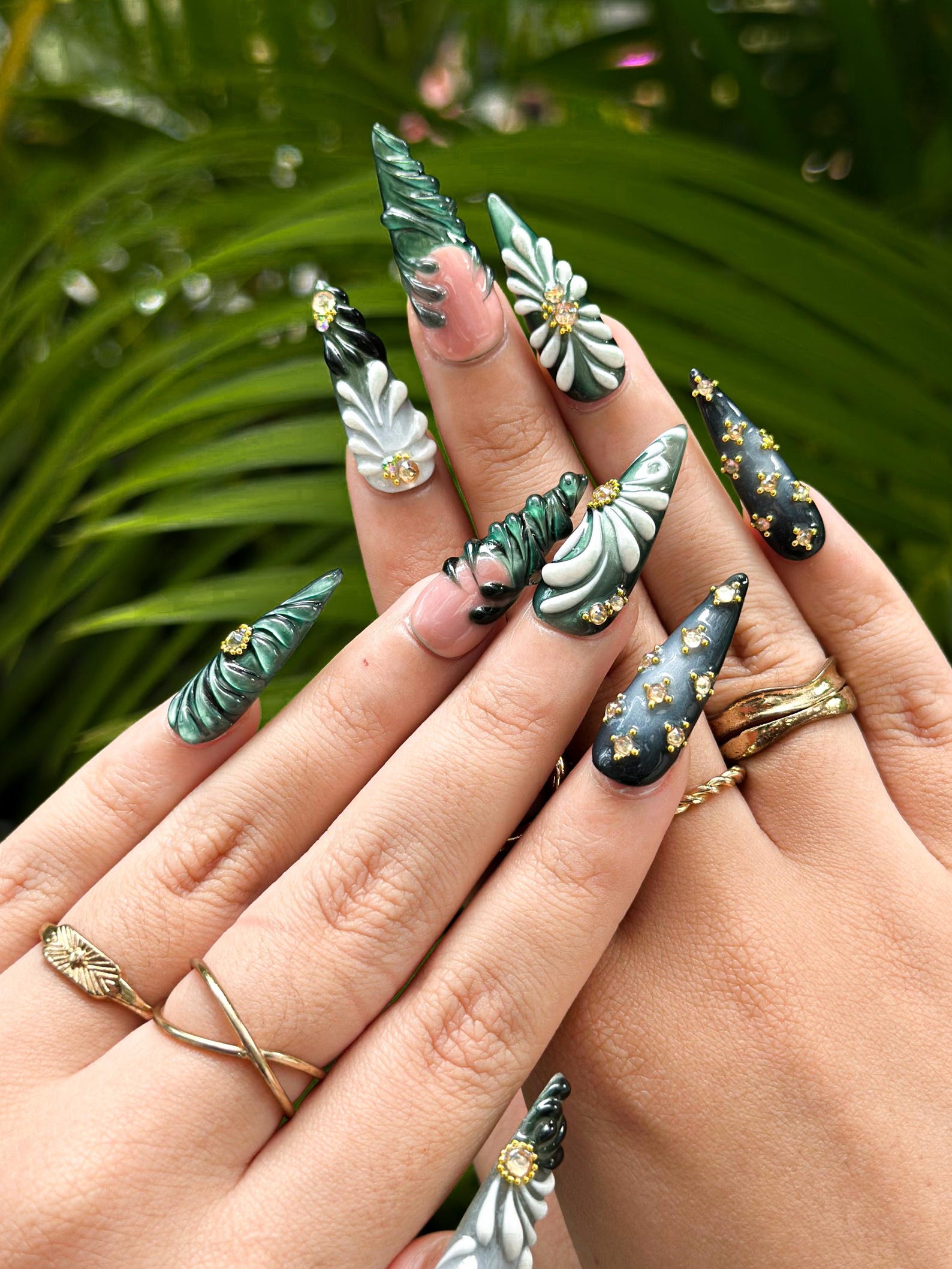 Green Black Press On Nails with 3D Floral and Gold Detail | Elegant Botanical Nails in Almond Shape | Luxury Nails | JB356NC