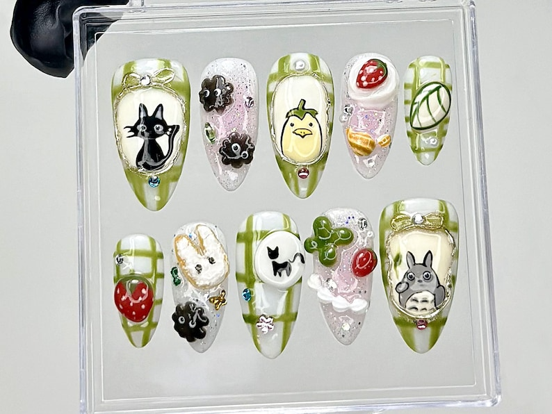 My Neighbor Totoro Press On Nails | Kawaii Ghibli Fake Nails | Totoro, Jiji, Soot Sprites Nail Art | Trendy Cartoon Kawaii Nails | HB909YC