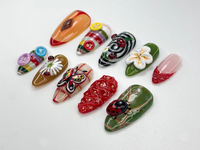 Whimsical Garden Themed Press On Nails | Cottagecore Strawberry & Button Nail Art | Vintage 3D Ladybug Nails | Forestcore Press Ons |JB824H