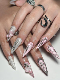 3D Pink Gothic Cyber Nails | Silver Chrome Cross Press Ons | Ethereal Grunge Liquid Metal Nails | Y2K Punk Butterfly Press Ons | JB362IC