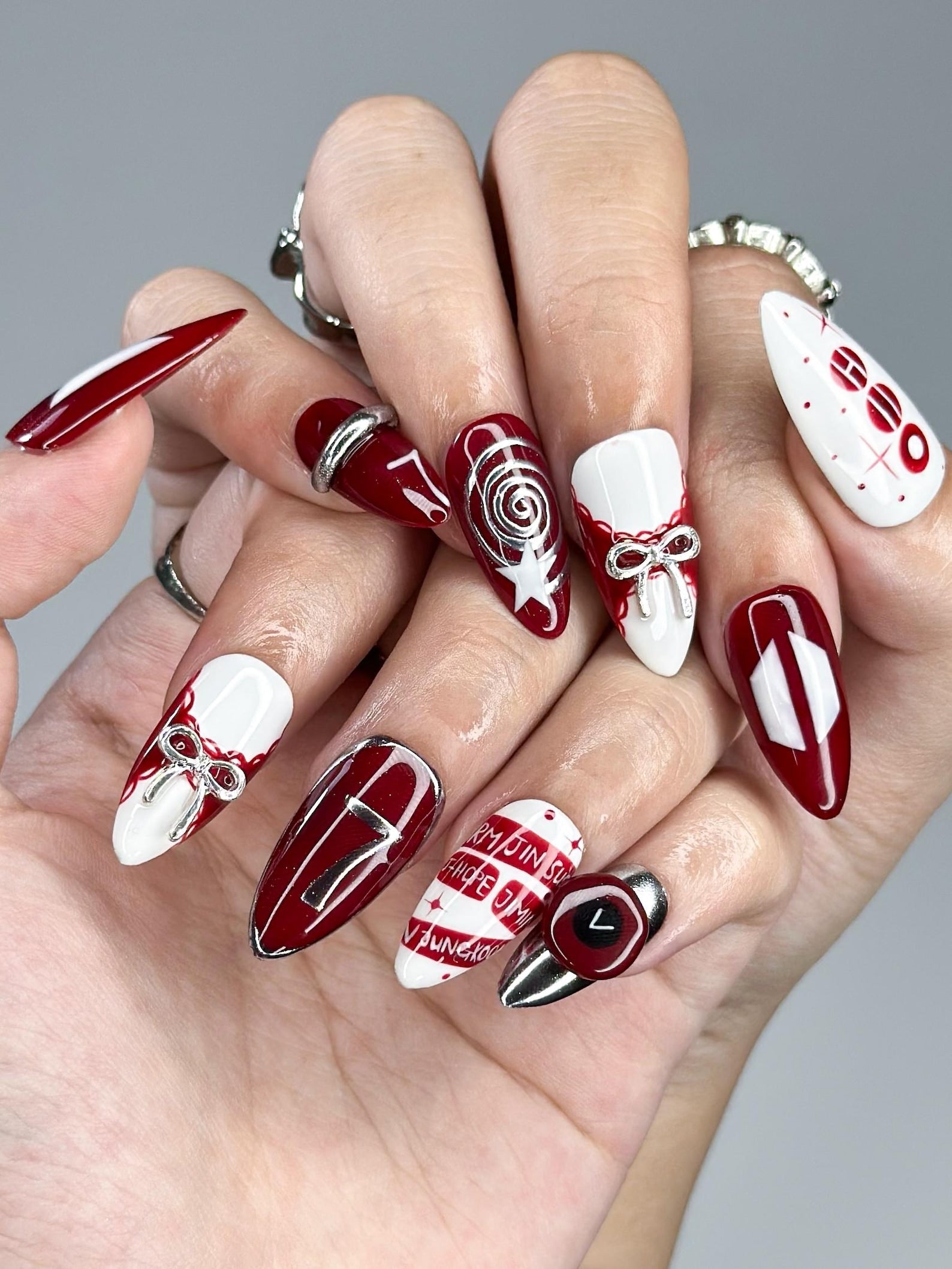 Kpop Inspired Cupid Voyage Nails | 7 Spirit Arirang Love Muse Press Ons | Red White Silver Retro Pop Nails | Coquette Fandom Nails| JC358IK
