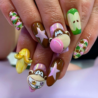 Camo Monkey Fun Press On Nails | Cartoon Camouflage Nails | Banana & Monkey Nail Design | Pink Green Star Press Ons | Funky Nails | JC963HC