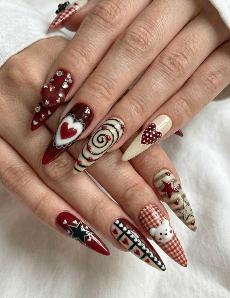 Nail Tabs for Press On Nails ?M?Cherry Heart Teddy Gingham Nude Red Valentine Nails