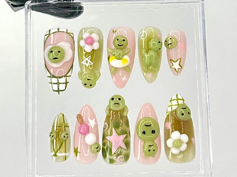 Cute Smiski Frog Almond Nails | Custom Smiski Inspired Design Nail Art | Kawaii Smiski Fake Nails | Cute and Playful Design Nails | HC725YK