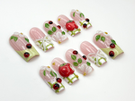 Handmade Picnic Theme Press On Nails | 3D Flower & Ladybug Nails | Cottagecore Nail Set | Pink Green Nature Nails | Handmade Nails | JB859H
