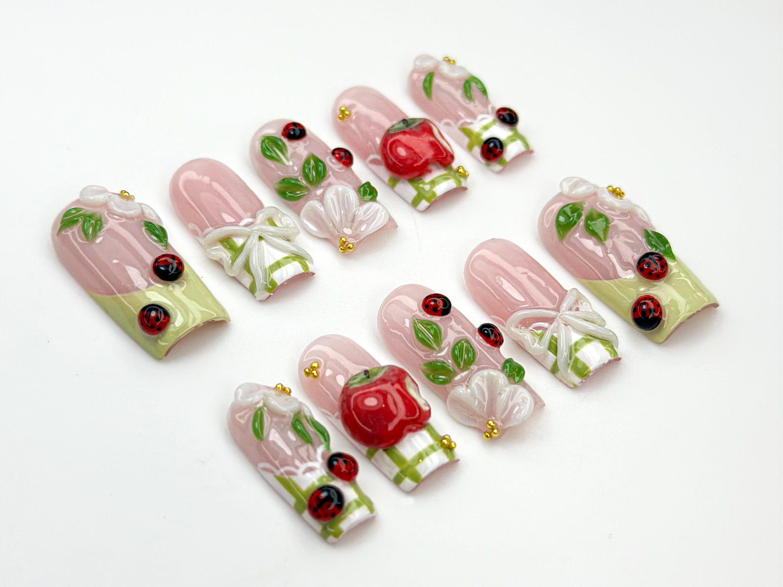 Handmade Picnic Theme Press On Nails | 3D Flower & Ladybug Nails | Cottagecore Nail Set | Pink Green Nature Nails | Handmade Nails | JB859H