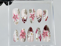 Elegant 3D Floral Press On Nails | Burgundy Pink Silver Nail Art | Silver Chrome Detailing Fake Nails | Luxury Nails | Prom Nails | HB867YK