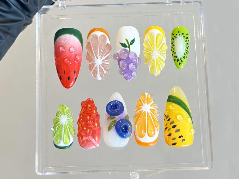 3D Tropical Fruit Press On Nails | Lemon Grape Watermelon Nail Art | Colorful 3D Press Ons | Unique Summer Fake nails |Kawaii Nails |HB947YC