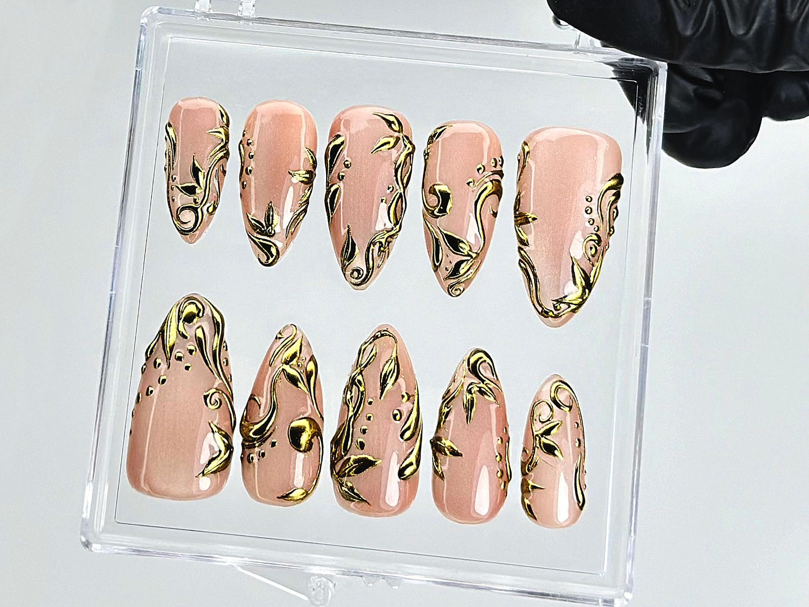 Nude Gold Leaf Press On Nails | Elegant Baroque Swirl Fake Nails | Metallic Accent Luxury Nail Art | Gold Foil Nude Press Ons | HB898YC
