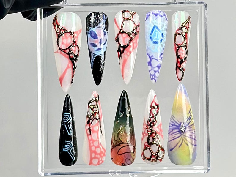 League of Legends Press On Nails |Gamer Girl Fake nails | Punk Rock Nail Art | Long Cyberpunk Fake Nails | Cyberpunk Jinx Press Ons |HB760YK