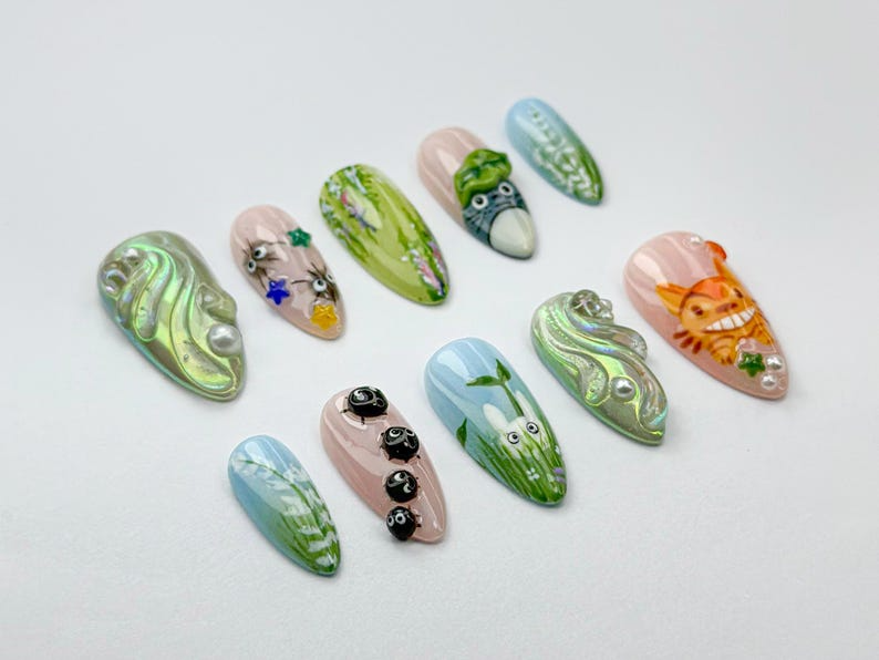 Whimsical Totoro Press On Nails | Ghibli Totoro & Friends Nail Set | Forest Spirit And Soot Sprite Set | Handmade Totoro Nail Art | JB742HC