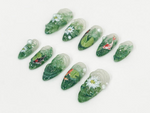 Nature Koi Fish Press On Nails | Realistic Pond & Fish Nail Design | Natural Landscape Nail Art | Custom Hand-Painted Green Nails | JB669HC