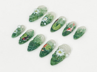 Nature Koi Fish Press On Nails | Realistic Pond & Fish Nail Design | Natural Landscape Nail Art | Custom Hand-Painted Green Nails | JB669HC