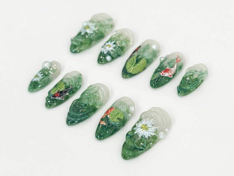 Nature Koi Fish Press On Nails | Realistic Pond & Fish Nail Design | Natural Landscape Nail Art | Custom Hand-Painted Green Nails | JB669HC