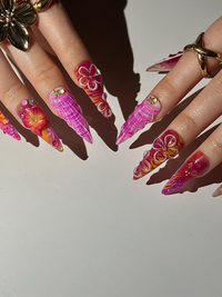 Midnight Sun Aesthetic Press On Nails, 3D Purple Seashell and Hibiscus Floral Nails, Maximalist Tropical Y2K Luxury Fake Nails, HB1287HK