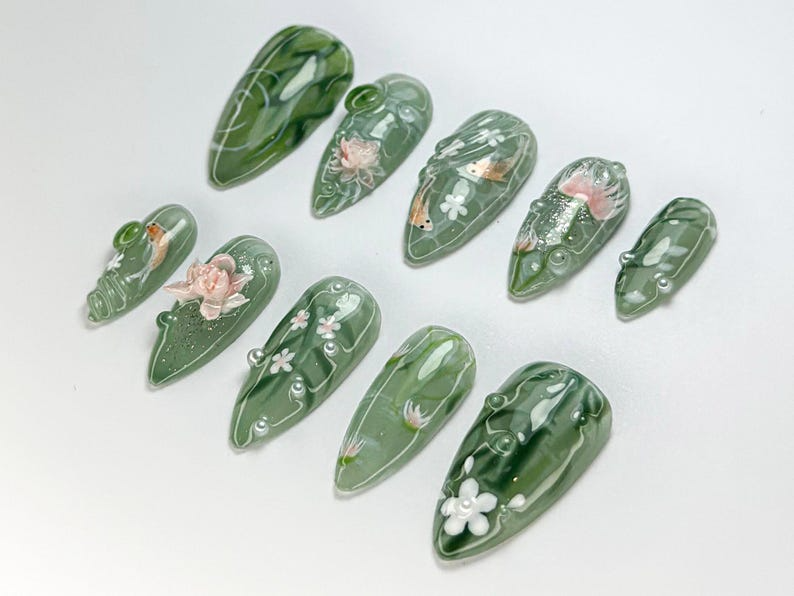 Green Forest Koi Press-On Nails | Handmade Koi Fish Nail Set | Green Floral & Marble Press-Ons | Glossy Press-On Nail Set | JB723HK