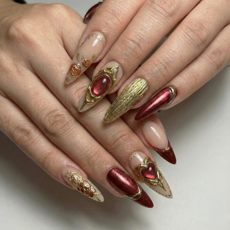 Press On Nails Adhesive Tabs ?M?Nude Burgundy Gold Heart & Rose Chrome Long Stiletto Handmade Fake Nails for Luxury Romantic Look