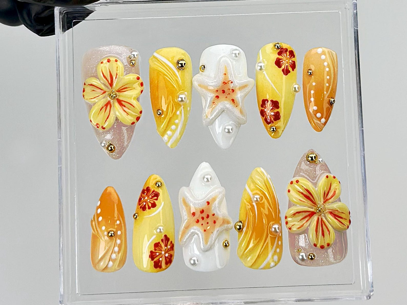 Tropical Summer Press On Nails | 3D Flower & Starfish Fake Nails | Beach Vibes Nail Art | Orange Yellow Floral Press Ons | Summer | HB881YK