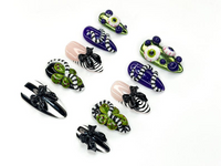 Monster Ribbon Press On Nails | Beetlejuice-Inspired Nail Art | Green & Purple 3D Eyes Design | Black Bow Striped Nails |HB1165BC