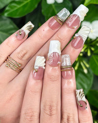 Royal Balletcore Press On Nails | Luxury Pearl Bow Fake Nails | Handpainted Gold French Tip Nails |Elegant Bridal Nails Reusable | JB343IC