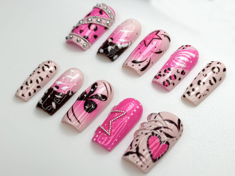 Pink Y2K Leopard Press On Nails | Rhinestone Star Design | Heart & Animal Print Nails | Bold Pink Chrome Nail Art| Trendy Y2K Nails |JC845HC