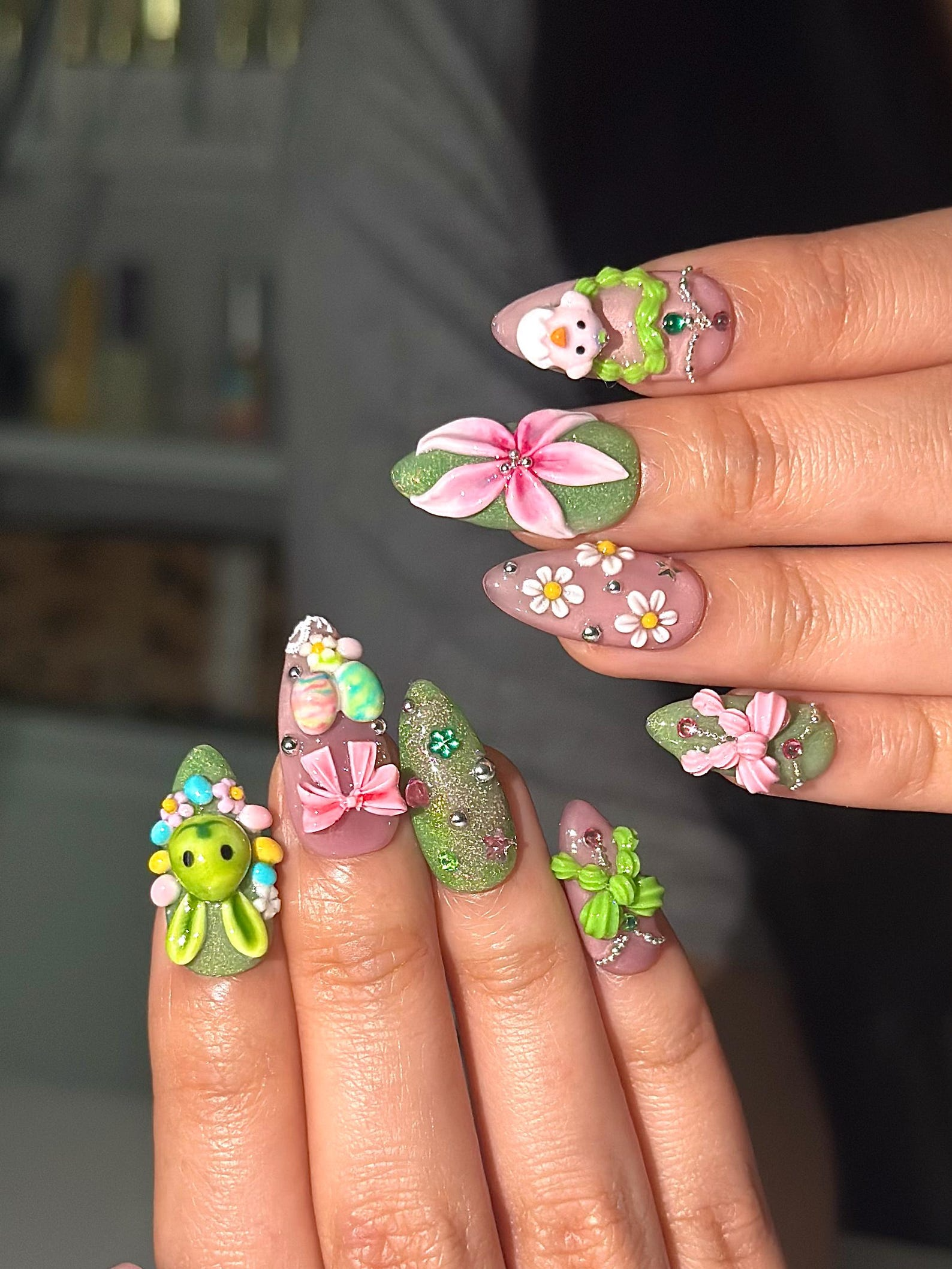 Bunny Garden Press On Nails | 3D Easter Rabbit Nails | Cute Pastel Floral Nails | Kawaii Green Pink Nails | Handmade Press Ons | DB1031HC