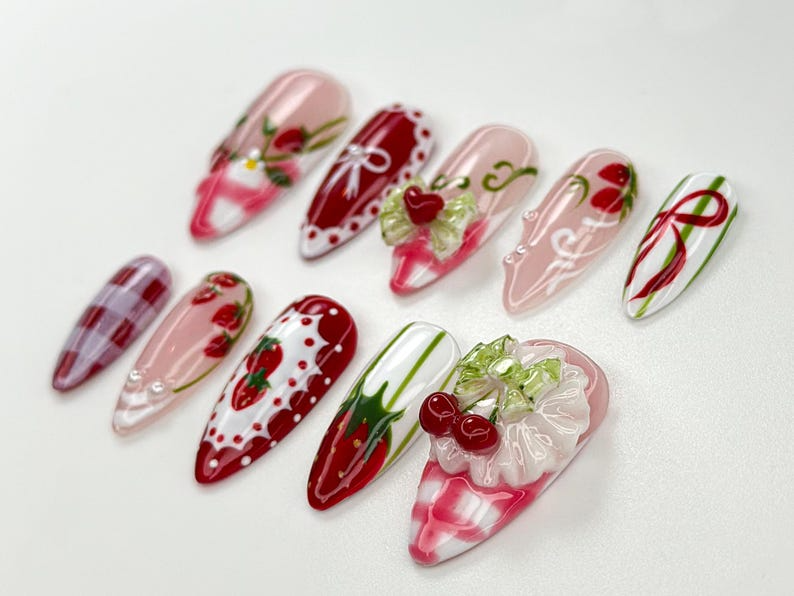 Strawberry Picnic Press On Nails | Cute 3D Strawberry And Bow Nail Art | Gingham Vintage Picnic Nails | Red & Pink Summer Nails | JB822H