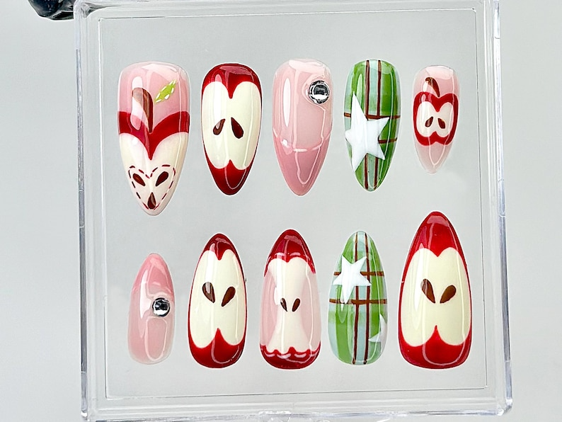 Cute Red Fruit Press On Nails | Kawaii Food Fake Nails | Glossy Custom Nail Art | Apple-Inspired Fake Nails | Kawaii Style Nails | HB858YC