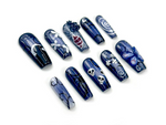 Midnight Gothic Butterfly Press On Nails | Dark Blue Fantasy Nail Art | 3D Butterfly, Skulls & Floral Accents | JC140EC