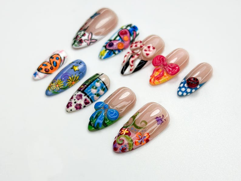 Pop Art Press On Nails | Funky Cartoon Mixed Pattern Nails | 3D Cute Bug & Ribbon Nail Art | Playful Art Press Ons | Cute Cartoon | JB804HC
