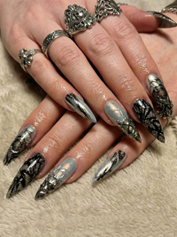 Press On Nails Adhesive Tabs ?M?Black Silver Chrome Abstract Art Long Stiletto Handmade Fake Nails for Gothic Futuristic Look
