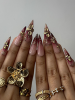 Golden Red Press On Nails | Burgundy & Gold Floral Nail Art | 3D Metallic Flower Design | Luxury Nail Set | Long Stiletto Press Ons| DC878HC