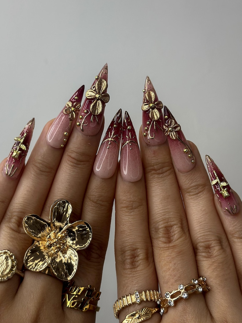 Golden Red Press On Nails | Burgundy & Gold Floral Nail Art | 3D Metallic Flower Design | Luxury Nail Set | Long Stiletto Press Ons| DC878HC