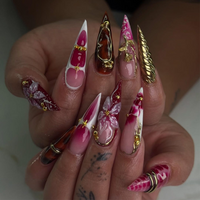 Crimson Gold Floral Press On Nails | 3D Red Floral & Gold Nail Art | Sculpted Jewel Accent Nails | Handmade Elegant Press On Set | JC992HP