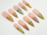 Gold Foil Floral Press On Nails | Vintage Garden Nails | Nude Gradient Floral Nails | Long Press On Nails | Botanical Press Ons | JC773HC