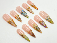 Gold Foil Floral Press On Nails | Vintage Garden Nails | Nude Gradient Floral Nails | Long Press On Nails | Botanical Press Ons | JC773HC