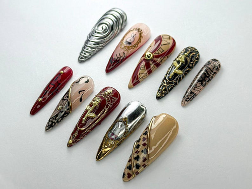 Alice in Wonderland Press-On Nails | Steampunk & Vintage-Inspired Set | White Rabbit Gothic Nail Set | Dark Fairytale Press-Ons | JB727HC