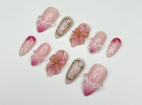 Blush Bloom Elegance Press On Nails | 3D Floral Accents & Gold Details & Pink Ombre Press Ons | Wedding Nails | JC962H
