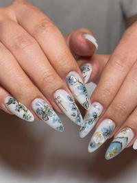 Blue Bloom Elegant Press On Nails | Chinese Luxury Floral Nails | Gold Wire Stiletto Nails | Clear Luxury Art Press Ons | JC299EC
