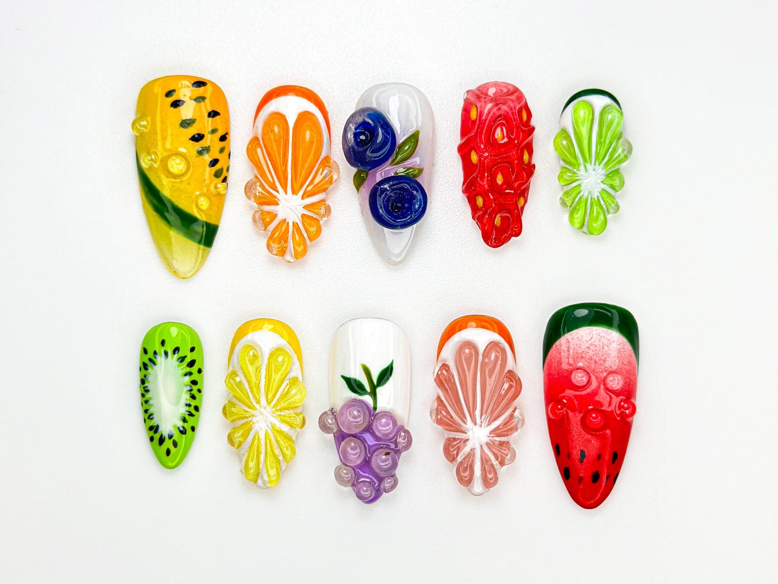 Combo Summer Vibes Press On Nails | 3D Tropical Fruit Nail Art | Handmade Kiwi, Watermelon & Citrus Nails | Beach Vacation Nail Set