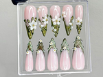 Sculpted Floral Press On Nails | Glossy Green Leaf Nail Art | Ethereal Spring Press Ons | Elegant Flower Tips Fake nails | Luxury | HB944YK
