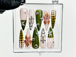 Safari Chic Press On Nails | Olive Green and Cross Nail Set | Pink Flower and Jungle Vibe | Animal Print & Chrome Accent | HC965EK