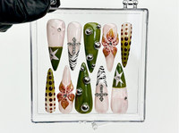 Safari Chic Press On Nails | Olive Green and Cross Nail Set | Pink Flower and Jungle Vibe | Animal Print & Chrome Accent | HC965EK